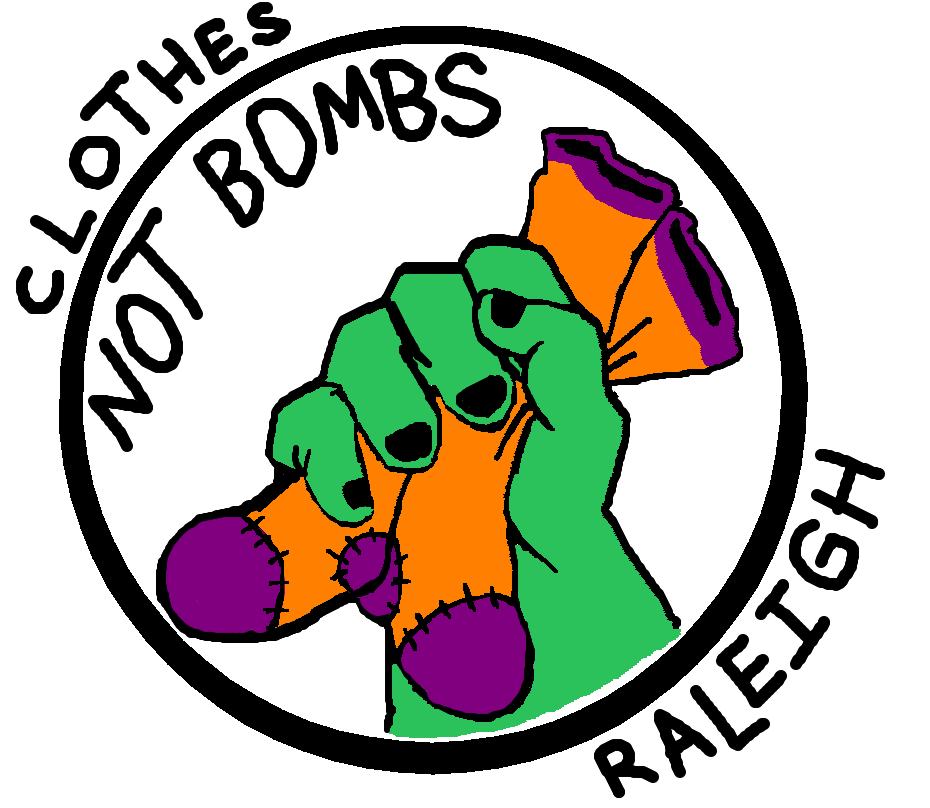The Clothes Not Bombs Raleigh logo: a raised fist holding a pair of socks.
